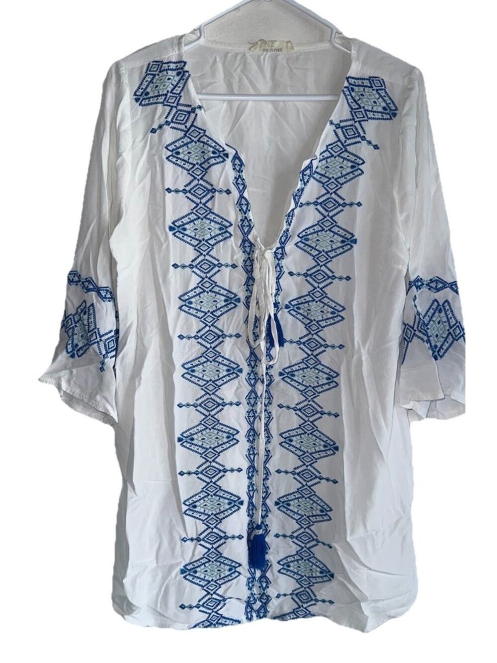 Solitaire Womens Swim Coverup Sz L White Blue Boho Embroidered Geometric